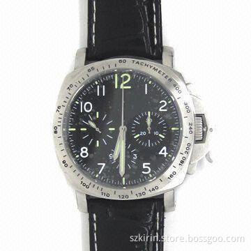 Stainless Steel Wristwatch with Leather Strap/Japan Chronograph Movement/5 to 10 ATM Water-resistant